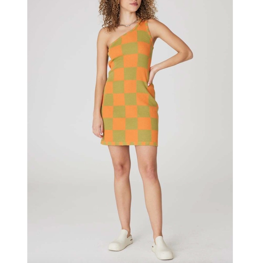 BACK BEAT CO Checkerboard One Shoulder Mini Dress